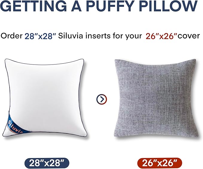 Siluvia 28"x28" Pillow Insert Set of 2 Square Throw 28 Pillows with 100% Cotton Cover for Sofa, Couch, and Bed - White