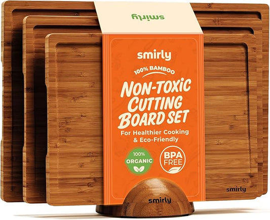 SMIRLY Wood Cutting Boards for Kitchen Wooden Chopping Board Set Reversible with Deep Juice Grooves Grip Handles, Large Charcuterie Tray, New Apartment Essentials, Carbonized Bamboo, 3Pcs with Holder
