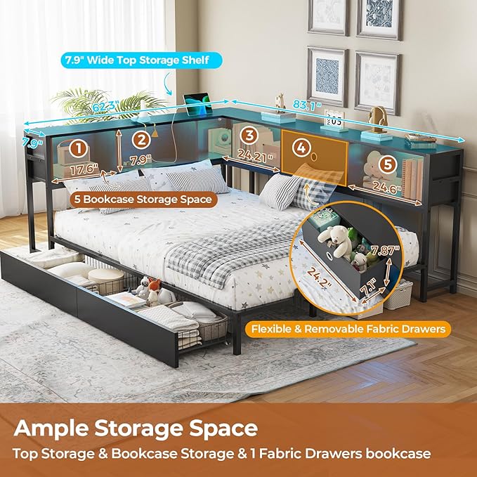 DICTAC Full Corner Bed Frame with Bookcase Storage and Led Lights Metal Platform Bed Frame Full Size with Storage Drawers & Charging Station Full Size Daybed for Teen/Adult,No Box Spring Needed,Black