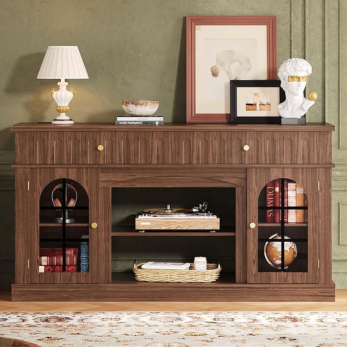 IRONCK TV Stand for 65 Inch TV, Entertainment Center with Charging Station and and Fireplace Mantel, Arched Design, Mid Century Modern TV Stands for Living Room and Bedroom, Walnut Brown