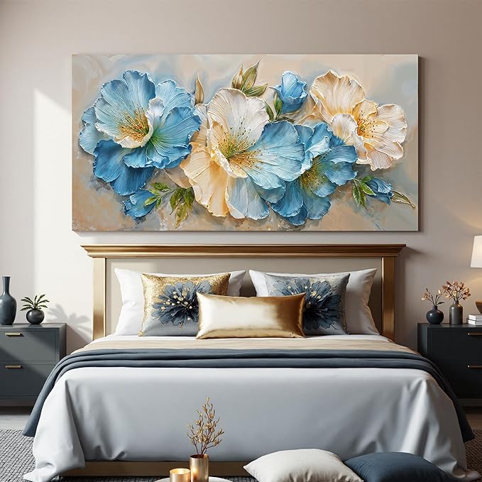 Oversized Wall Art Decor White Blue Flower Art pictures for living room Green Botanical Wall Art Decor Paintings Prints Modern Aesthetics Wall Art For Home Bedroom Office Room Wall Decor 29×58 Inch