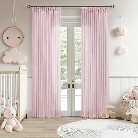 80 Inch Pink Pinch Pleated Semi Sheer Curtains for Girls Bedroom Living Room Pleat Memory Shape Trained Light Filtering Linen 80 Inch Curtains Drape Window Panels Baby Pink Blush Nursery