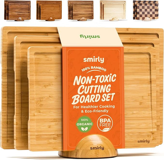 SMIRLY Wooden Cutting Boards For Kitchen Meal Prep & Serving - Bamboo Cutting Board Set with Holder, Charcuterie & Chopping Board, Wood Cutting Board Set, Kitchen Gadgets