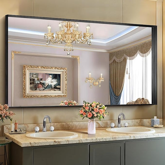 CIRCUMI Black Bathroom Mirror, 30"x60" Rectangular Mirror with Deep Metal Frame, Brushed Finish, Tempered Glass, Large Mirror for Wall, Over 2 Sinks, Installed Vertically/Horizontally, Crystal-Clear