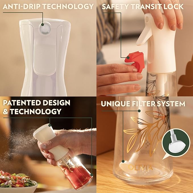 FLAIROSOL OLIVIA Oil Sprayer for Cooking, 200ml Glass Olive Oil Sprayer, Continuous Cooking Spray Bottle with Portion Control, Olive Oil Dispenser for Kitchen, Air Fryer, Salad, BBQ (Golden Leaves)