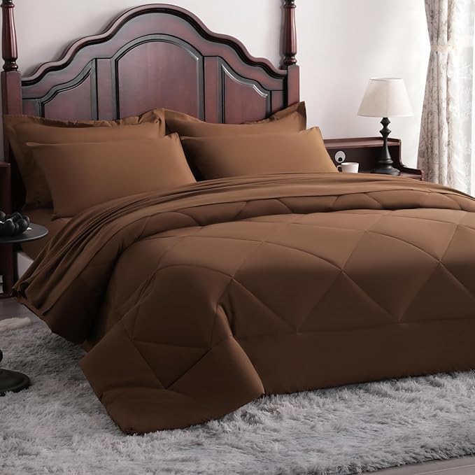 NTBAY King Comforter Set with Sheets, 7 Pieces Soft and Breathable King Bedding Set, Bed in a Bag, Down Alternative Comforter Set Solid Color All Season, King Bedding Set, Brown