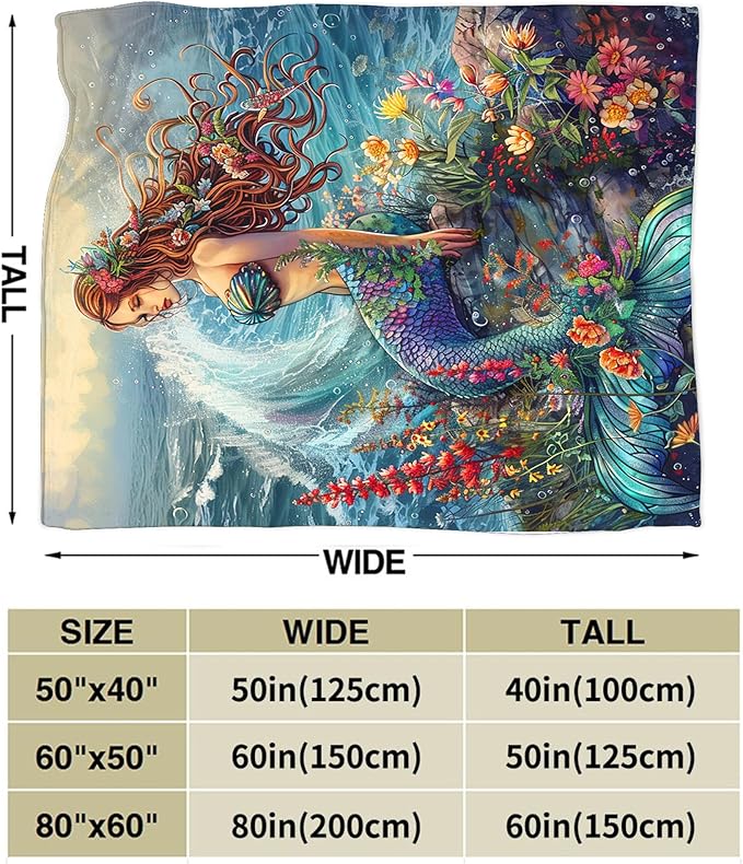 Mermaid Throw Blanket - Soft, Warm & Cozy Fleece for Couch, Sofa, Bed - 50"x40" - Ocean Theme