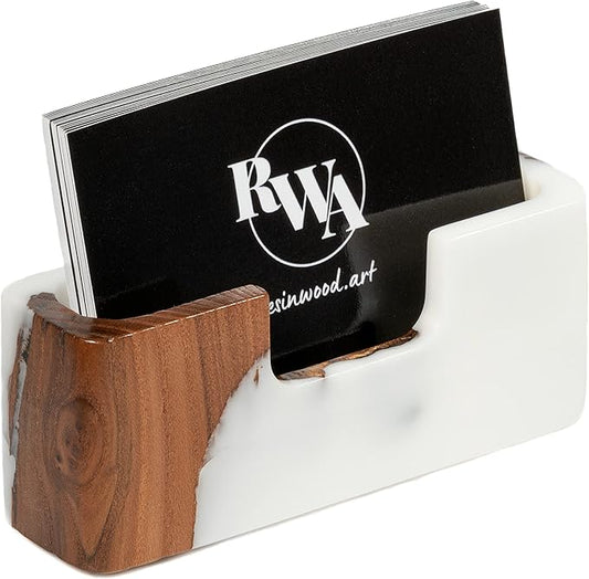 RWA Business Card Holder – Luxury Square Desk Organizer, Stylish Office Decor, Slim Card Holders - Wood & Epoxy Card Display Stand for Men and Women, Office Desk Accessories - SMART, white