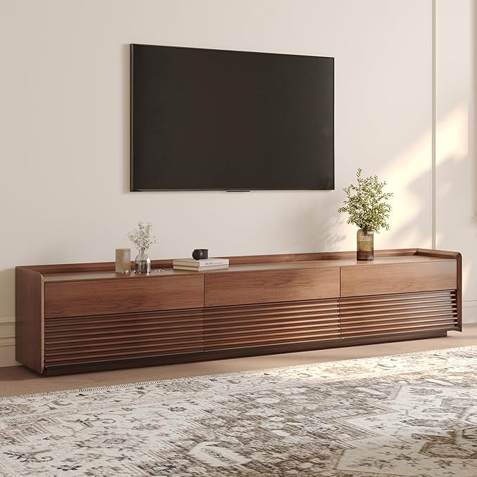 POVISON Fully-Assembled Mid Century Modern TV Stand, 94.49" Wood Media Console with Adjustable LED Light, Entertainment Center with Storage for Living Room
