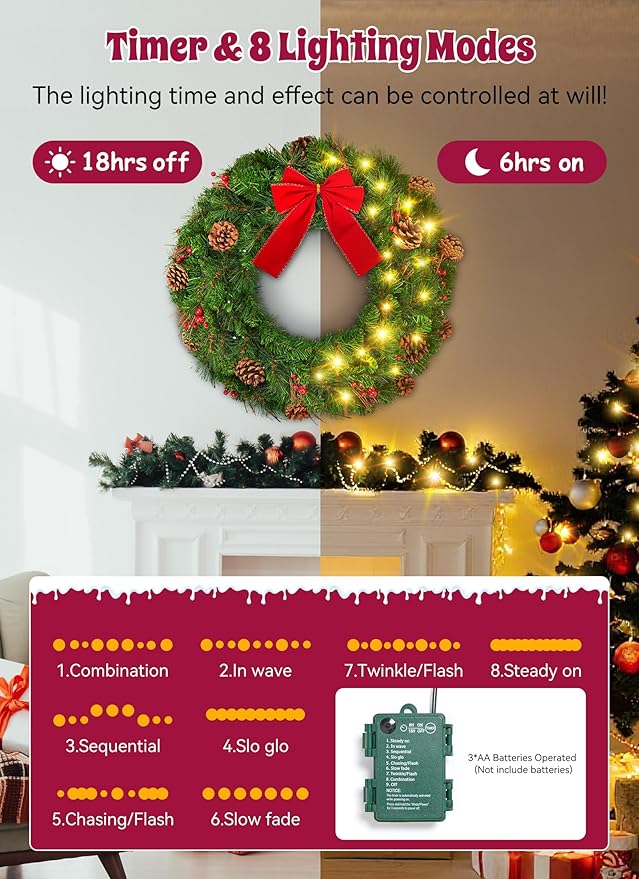 24 Inch Prelit Christmas Wreath for Front Door, Battery Operated LED Light Christmas Wreath with Bow and Pine Cones, Lighted Wreath Wall Windows Decoration