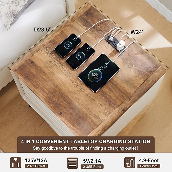 RedLemon 24" Nightstand with Charger Station, Mid Century Modern Fluted End Table with 2 Drawers, Wooden Side Table with Open Cubby Storage for Living Room, Bedroom, Office (Antuique White)