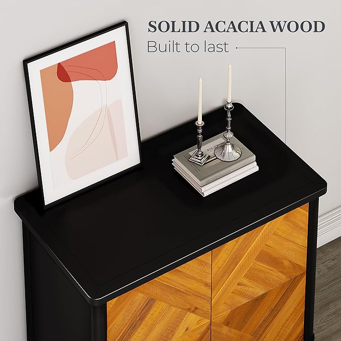 Lenia Solid Wood Storage Cabinet with Diamond Pattern Doors, Rustic Farmhouse Accent Cabinet for Living Room, or Entryway, Easy Assembly, Teak Brown