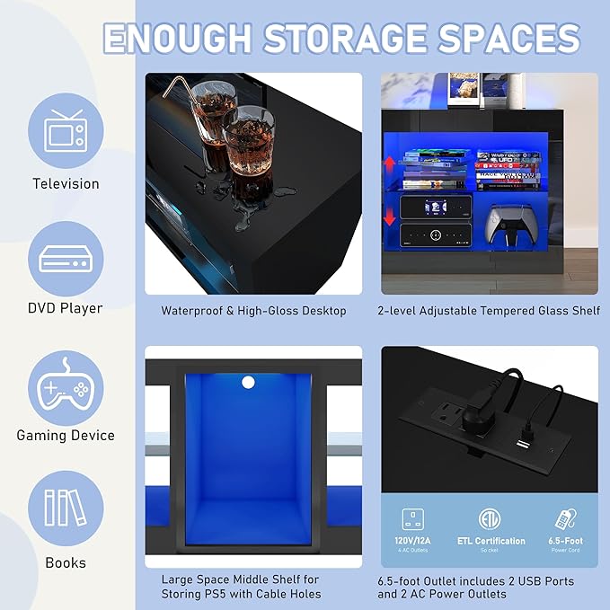 Vinctik 6&Fox LED TV Stands w/Power Outlet,60,00-Colors Lighting for 65 70in TV, 63" Modern High Gloss Entertainment Center,TV Console W/Adjustable Glass Shelves for Living Room Game Bedroom (Black)