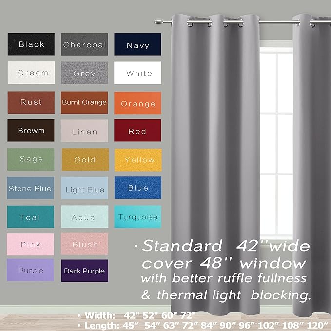 72 Inch Length Grey Curtains for Room,2 Panels Set 6FT 6 FT Grommet Double Sided Blocking Thermal Insulated Blackout Room Darkening Garage Window Coverings for Bedroom 72 Inches Long,Light Gray