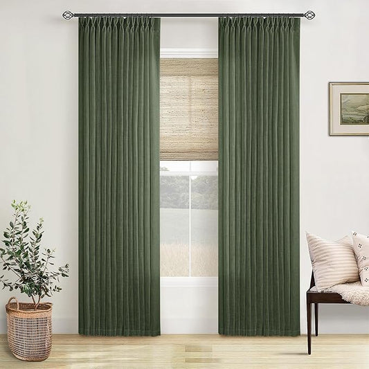 80 Inches Long Olive Green Linen Curtains for Living Room Pinch Pleat Hooks for Living Room Back Tab Thick Linen Textured Pleated Drapes Light Filtering Loden Bedroom Window Curtains 80 Inch Length