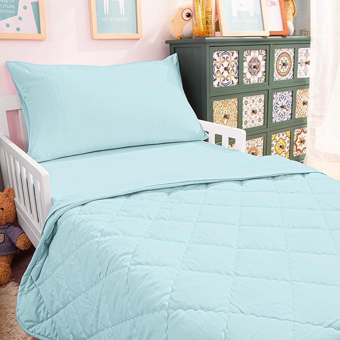 NTBAY Toddler Bedding Set - 4 Piece Soft and Breathable Crib Bedding Set for Boys and Girls, Includes Quilted Comforter, Fitted Sheet, Flat Top Sheet and Envelope Pillowcase, Aqua
