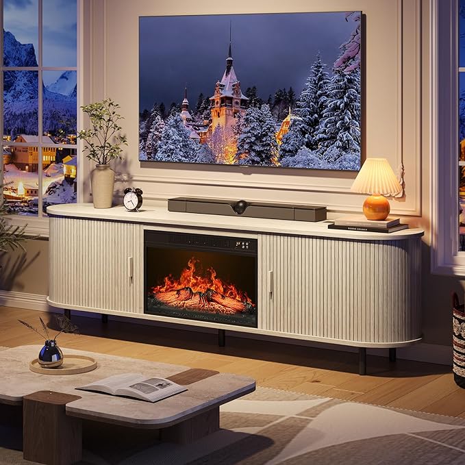 70.8" Fluted Fireplace TV Stand with 23" Electric Fireplace, Modern Chic Entertainment Center for TVs Up to 80 inches, Wooden Curved Media Console with Sliding Doors for Living Room, White Oak