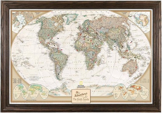 Canvas Executive World Map Pin Board – Framed Travel Map with Pins for Wall – Personalized Push Pin World Map for Tracking Journeys – 27.5" x 39.5" Solid Wood Brown Frame