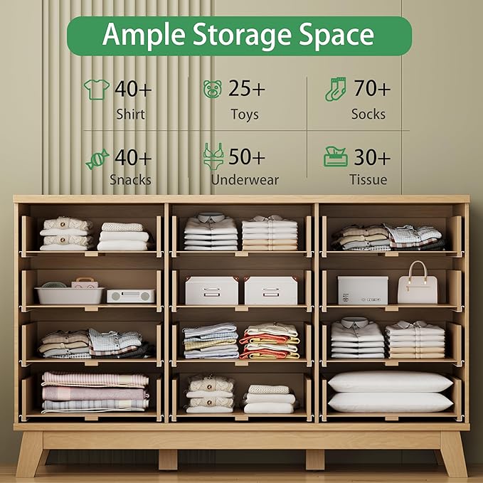 Fluted Dresser for Bedroom with 12 Drawers, 57" Wide Modern Chest of Drawers with Metal Handle, Wooden Dresser TV Stand, Wood Closet Clothes Storage Organizer for Living Room, Hallway, Natural Oak