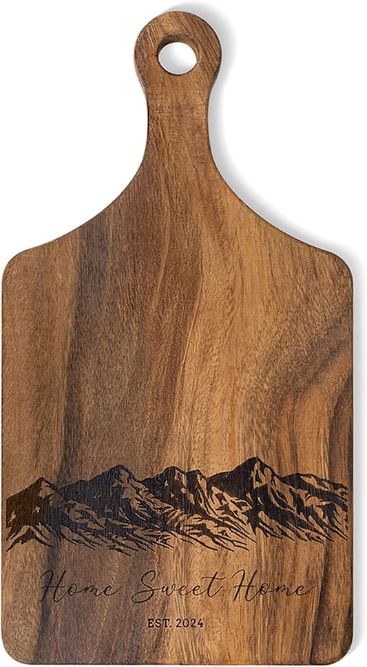 Personalized Wooden Engraved Cutting Boards with Handle, Custom Reversible Monogrammed Cheese Board S M L, Housewarming Wedding Gift for Family or Couple (38 Design Styles)