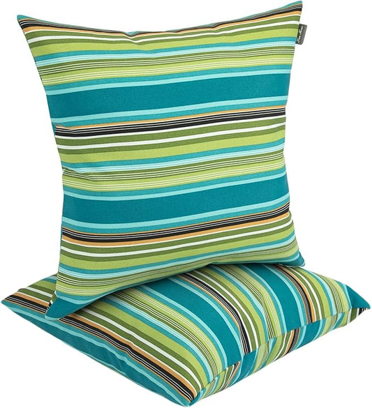 Waterproof Outdoor Throw Pillow Covers Set of 2,Home Decor for Garden Patio Furniture,Couch,Sofa 18 x18 Inch Decorative Pillows Cover Only,NO Insert(Green Stripe)