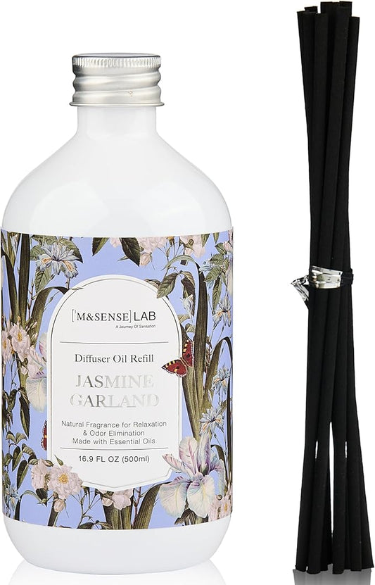 M&SENSE Reed Diffuser Oil Refill, 16.9oz (500ml) with 10 Hollow Reed Sticks, Jasmine Garland Scent Home Fragrance, Scented Oil Refills, Natural Essential Oils for Diffusers, Décor for Home Spa Office