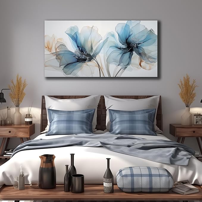 Floral Canvas Wall Art for Office Big Wall Decor for Bedroom Women Blue and White Wall Decor for Living Room Size 24 x 48 Inch