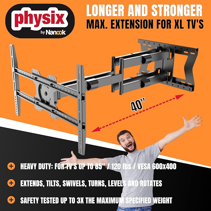 Physix 4100 Long Arm TV Wall Mount for 32-85 inch Screens Extra Long Extension Up to 40 Inch Heavy-Duty TV Mount Holds up to 120 lbs Full-Motion, Swivels Up to 180° Max. VESA 600x400