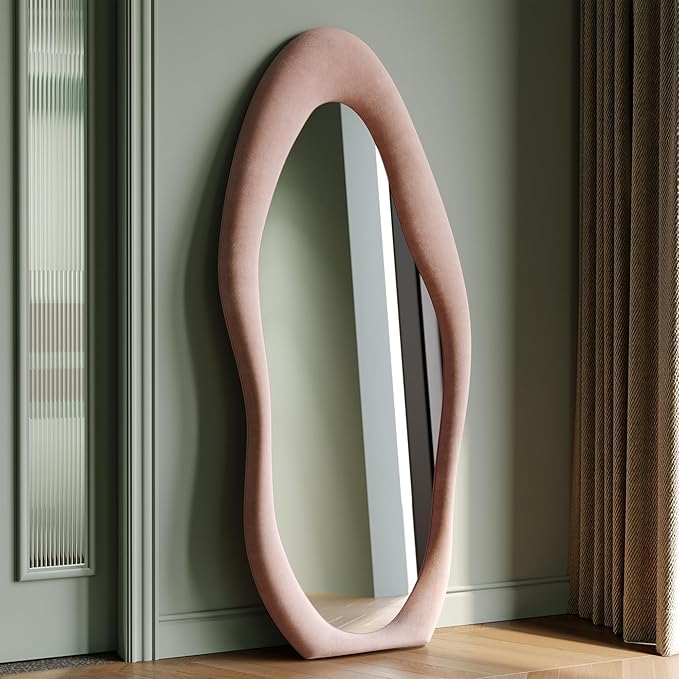 Honyee Full Length Mirror, 63" x 24" Wall Mirror, Flannel Wrapped Wooden Frame Full Body Mirror, Irregular Wavy Mirror Hanging or Leaning Against Wall for Cloakroom/Bedroom/Living Room, Pink