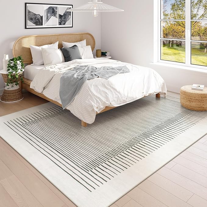 Morebes Modern 8x10 Rug for Living Room, Washable Stain-Resistant Soft Bedroom Area Rug Non Slip, Geometric Stripe Low Pile Indoor Carpet for Dining Room Farmhouse Home Office,White/Grey