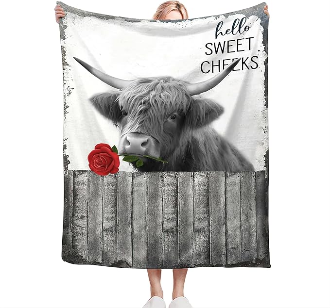 Funny Highland Cow Throw Blanket - Farm Cow Gifts & Decor, Soft Warm Cozy Fleece Blanket for Couch, Sofa, Bed - 60"x50"