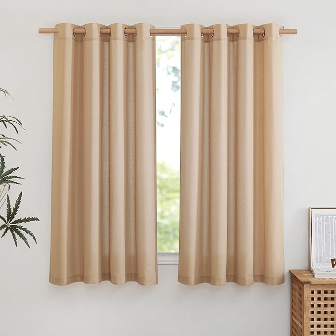 NICETOWN Flax Thick Linen Camel Curtains for Bedroom, Grommet Top Linen Blend Semi Sheer Privacy Assured Window Treatment Light Filtering for Living Room, 55" W x 63" L, Set of 2