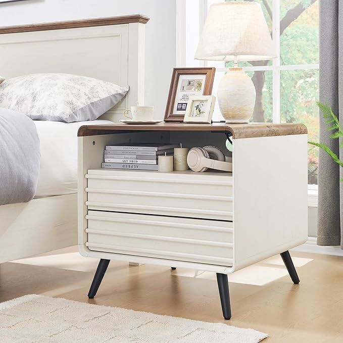 RedLemon 24" Nightstand with Charger Station, Mid Century Modern Fluted End Table with 2 Drawers, Wooden Side Table with Open Cubby Storage for Living Room, Bedroom, Office (Antuique White)