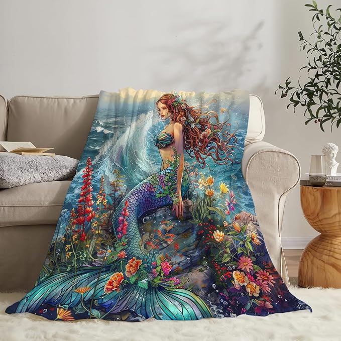 Mermaid Throw Blanket - Ocean Blanket for Girls, Women, Boys & Men - Soft, Warm & Cozy Fleece - 60"x50"