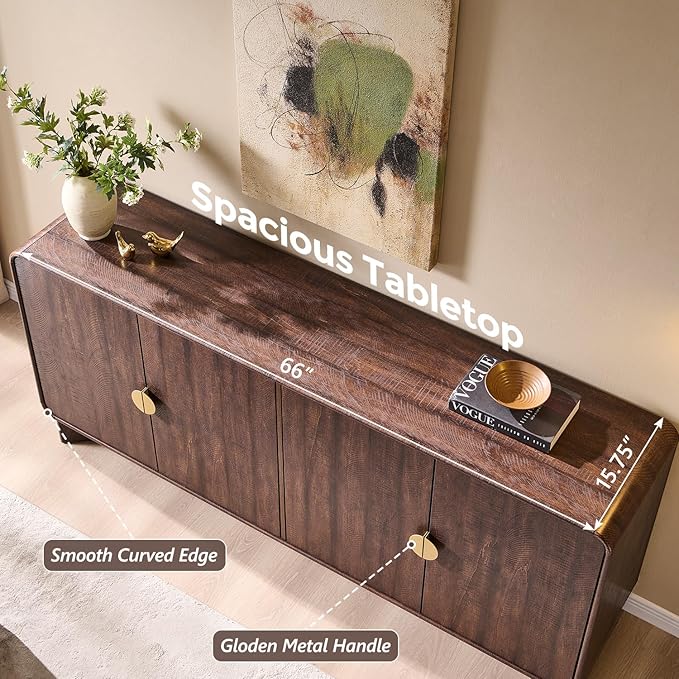 Modern Buffet Cabinet with Storage, 70" Large Sideboard Buffet Storage Cabinet with 4 Doors and Adjustable Shleves, Wooden Curved Coffee Bar for Dining Room, Kitchen, Living Room, Brown