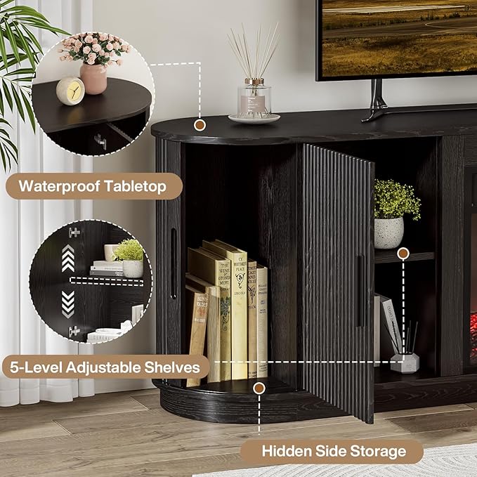Fluted TV Stand with Fireplace, 60" Modern Fireplace TV Stand for Living Room, Entertainment Center with 18" Electric Fireplace, Curved Design Media Console Cabinet for Living Room (Black)