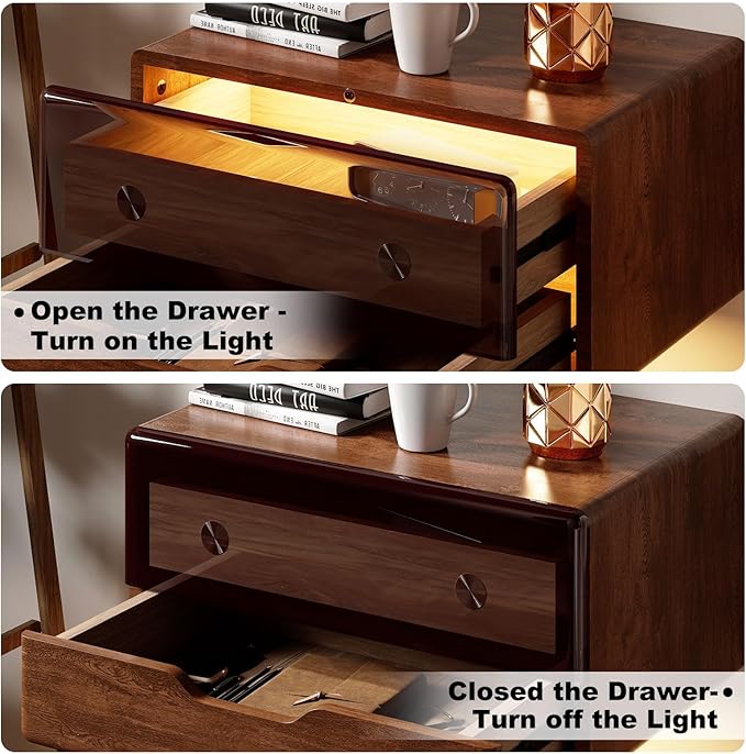 Solid Wood Floating Nightstand Smart Bedside Table, LED Nightstand, Wall Mounted Sensor NightStand with Storage for Bedroom, Dorm Small Space, Dark Walnut