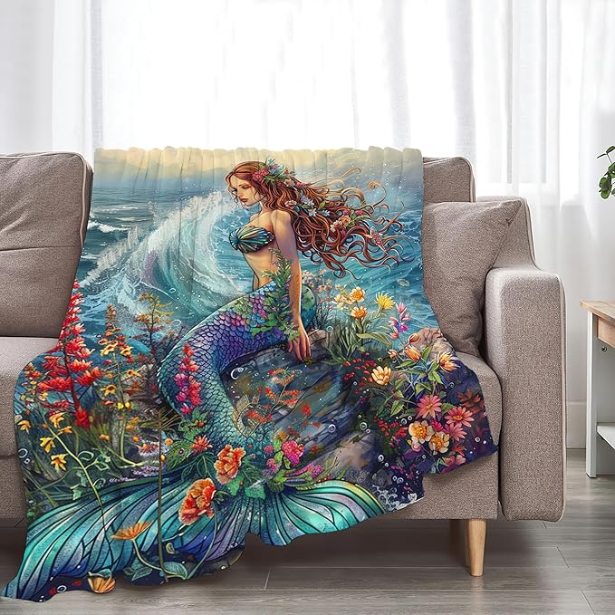 Mermaid Throw Blanket - Soft, Warm & Cozy Fleece for Couch, Sofa, Bed - 50"x40" - Ocean Theme