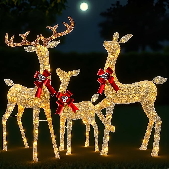 YULETIME 3-Piece Pre-lit 3D Christmas Reindeer Family, Lighted Glitter Christmas Deer Family Holiday Decoration with Warm White LED Lights (3D 3-Piece)
