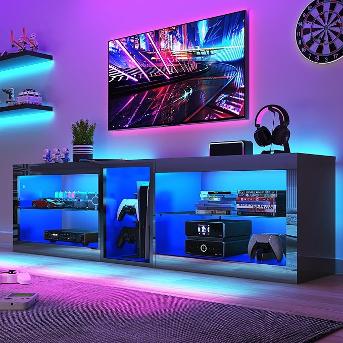 Vinctik 6&Fox 71inch Large High Gloss LED TV Stands w/Power Outlet,60,000-Colors Lighting for 70 75 80inch TV,Modern Black LED Entertainment Center w/Adjustable Glass Shelves for Living Room Gameroom