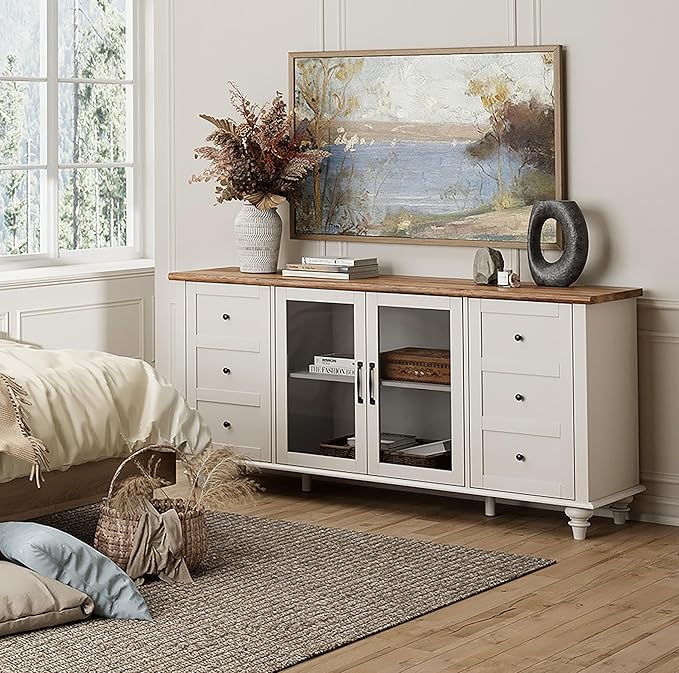 WAMPAT Farmhouse TV Stand for TVs Up to 65 inch, Glass Door TV Cabinet with Adjustable Shelf, Wooden Entertainment Center for 32-60 inch TV Console Table, Off White