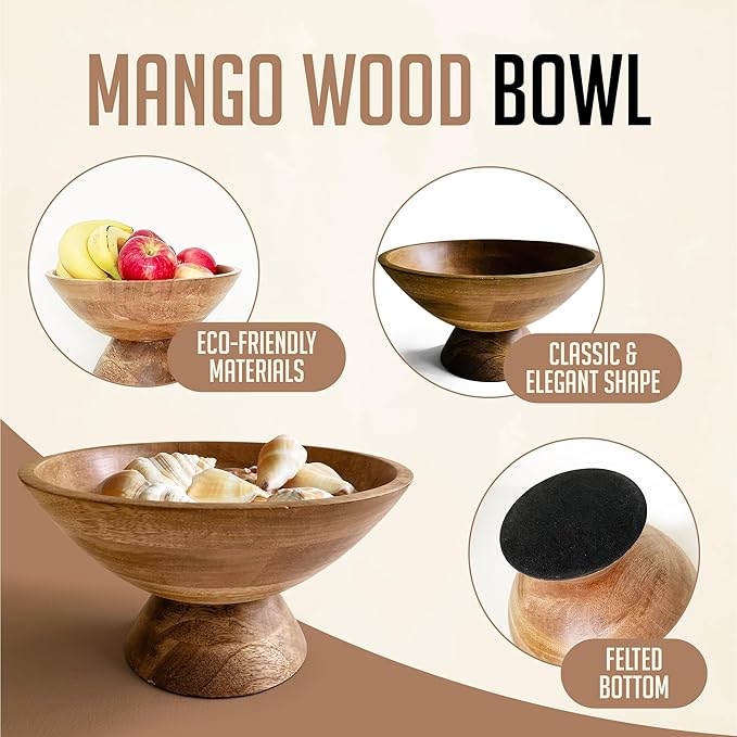 Brown Pedestal Bowl - 10 Inch, Wide Brown Footed Bowl as Fruit, Key, Decorative, Candy Holder or Centerpiece, Wooden Bowl Decorative for Kitchen, Dining Table & Modern Home Accessories