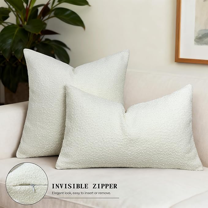 Textured Boucle Pillow Covers 18x18 Inch Set of 2, Striped Solid Pillowcases Cozy Soft Modern Accent Boho Square Decorative Throw Pillows for Couch Sofa Bed Living Room Home Decor, Beige