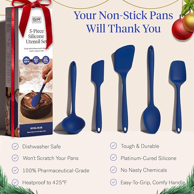 GIR: Get It Right - 5 Piece Essentials All Purpose Set - Ladle, Spatula, Flip, Spoon & Spoonula, Non-stick, Heat Resistant, Dishwasher Safe, Kitchen Utensils, Baking Supplies - Royal Blue