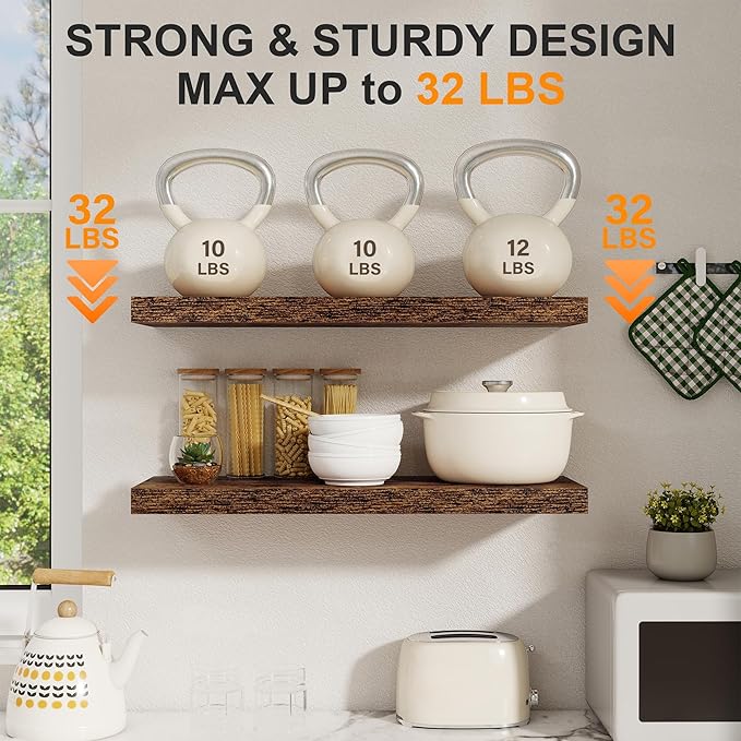 Floating Shelves for Wall, 27.5 Inch Bathroom Shelves Set of 2, Rustic Wood Wall Shelf with Invisible Brackets for Books|Storage|Decor, 8 Inch Deep Floating Shelf for Bedroom|Kitchen, Rustic Brown