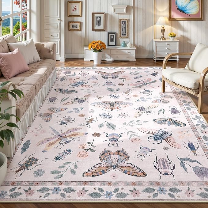 Lahome Insect Print Washable Rugs 8x10, Soft 8x10 Rugs for Living Room Dining Room Ultra-Thin, Non-Slip Modern Bedroom Rug Large Carpet Non-Shedding Accent Rug for Office Classroom(8x10ft,Pink)
