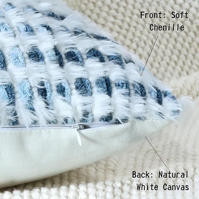 Boho Chenille Tufted Pillow Cover 12x20 Inch Set of 1, Farmhouse Striped Decorative Pillow Covers Accent Fluffy Neutral Lumbar Pillowcases for Couch Sofa Bedroom Living Room, Blue White