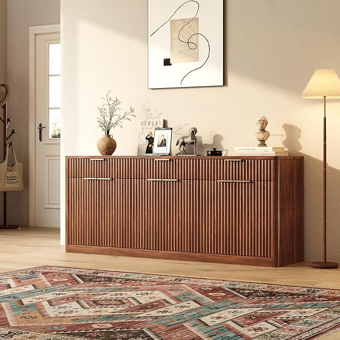 Evermagin 67" Fluted Walnut Sideboard Buffet Cabinet with 3 Drawers, Modern Credenza with Storage, Console Coffee Bar Cabinet for Kitchen, Living Room and Entryway (67" W x 31.5" H x 15.7" D)