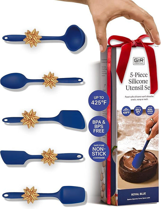 GIR: Get It Right - 5 Piece Essentials All Purpose Set - Ladle, Spatula, Flip, Spoon & Spoonula, Non-stick, Heat Resistant, Dishwasher Safe, Kitchen Utensils, Baking Supplies - Royal Blue