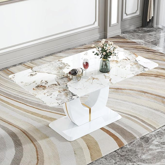 JUFU 71" Modern Dining Table for 6, Faux Marble-Look Rectangular Dining Room Table, White Top & White Pedestal Base with Gold Accent, Easy Assembly Kitchen Table, Easy Clean